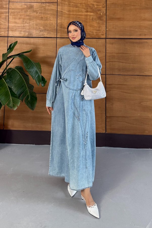 Miss Allos Women's Embroidered Side-Tie Denim Dress