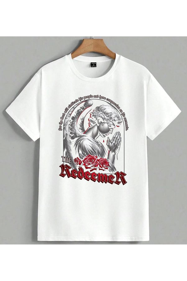 ELFERA Angel Wing Red Rose the Printed Unisex Oversize T-Shirt White