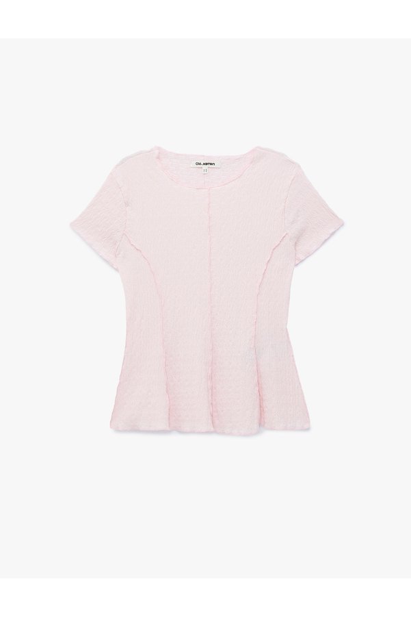 Koton Bürümcük Fabric Lightweight Peplum Cut Ribbed Crew Neck Short Sleeve Blouse