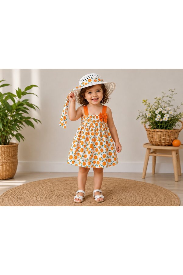 ues Baby Girl Orange Patterned Hat and Dress