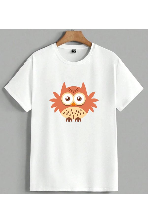 ELFERA Owl Orange Illustration Printed Unisex Oversize T-Shirt White