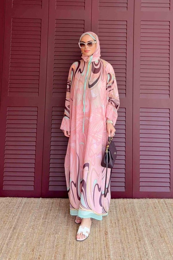 Melike Tatar Patterned Chiffon Shawl Dress 32-2923