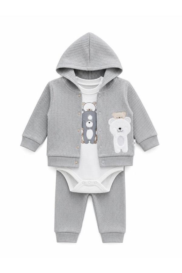 Lika&Nika Teddy Bear Printed 100% Cotton Hooded Cardigan, Bodysuit and Pants 3-Piece Set