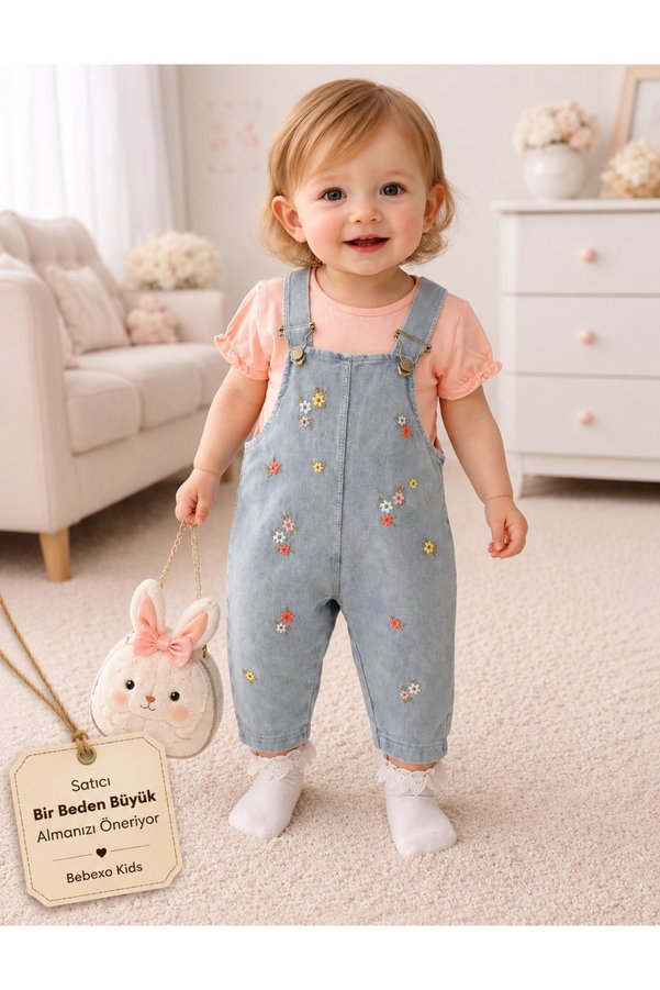 BEBEXO KIDS Colorful Floral Embroidered Denim Look 2-Piece Girls Salopet Set 6-9/9-12/12-18/18-24 Months