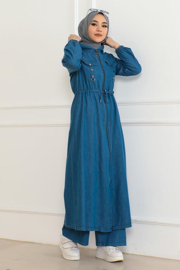 Missvalle Hooded Waist Lace-Up Denim Suit Light Blue 19235