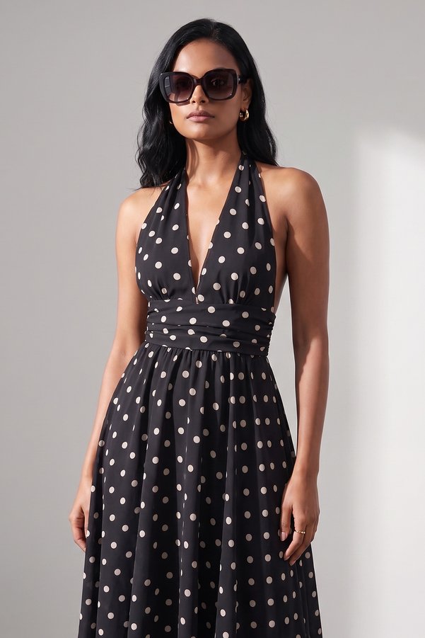Purpleclo Polka Dot Black Unlined Summer Thin Women's Dress