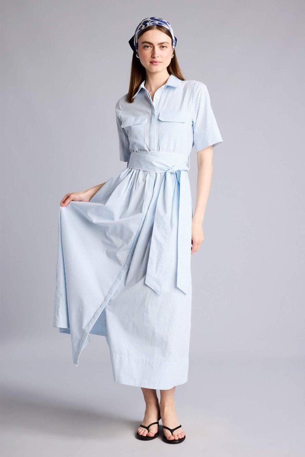 Defacto 100% Cotton Shirt Collar Striped Poplin Short Sleeve Maxi Dress H5954Ax26Sm