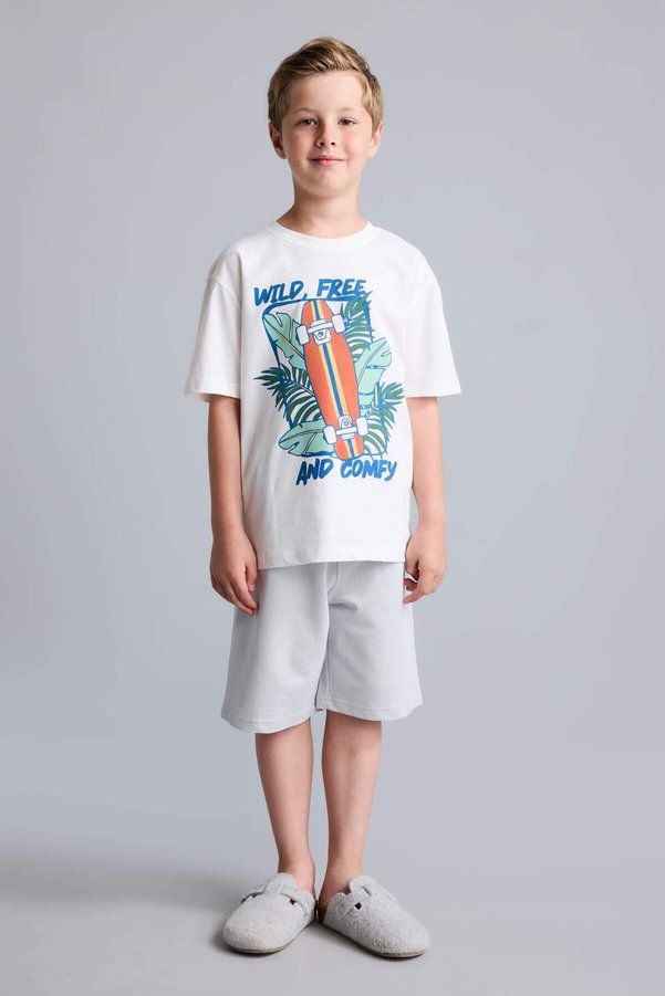 Defacto 100% Cotton Regular Fit Printed 2-Piece Ecru Pajama Set for Boys H8045A826Hs