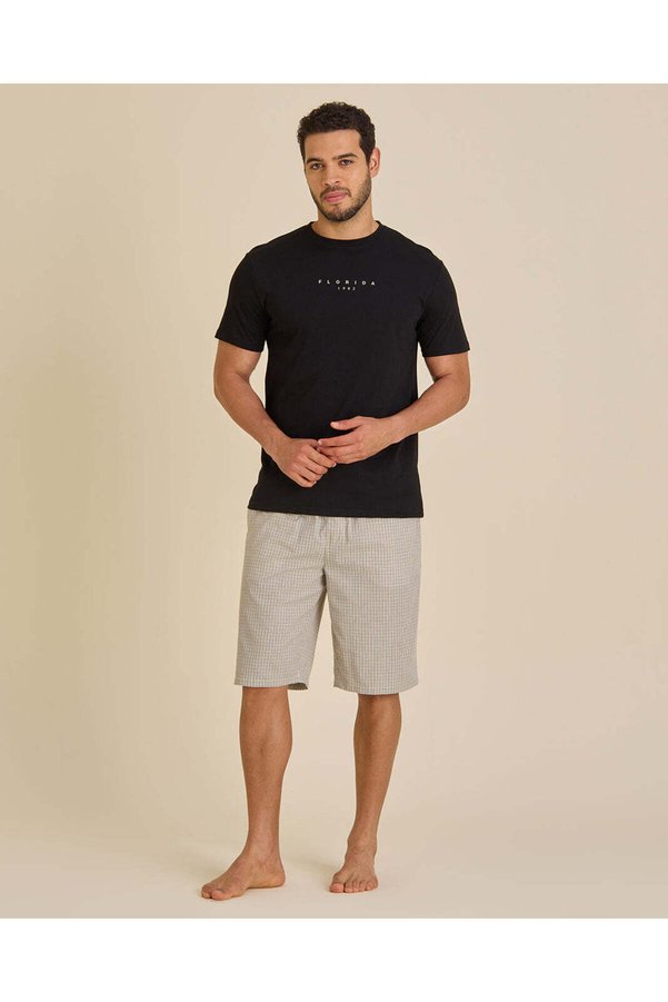 REDTAG Men Black And Beige Check Pyjama Set