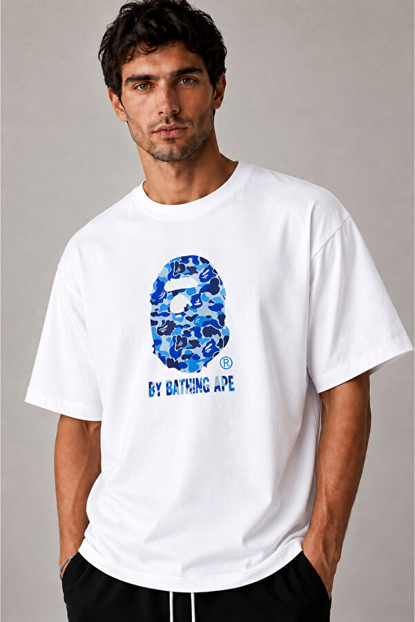Unisex Bathing Ape Mavi Baskılı Oversize %100 Pamuk Geniş Kesim Dokulu Bisiklet Yaka Beyaz T-Shirt