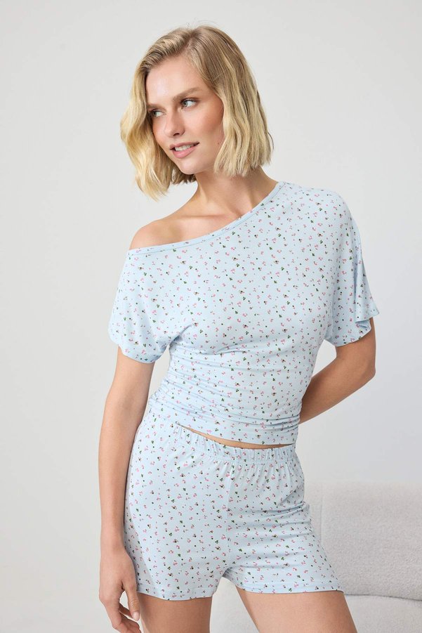 Trendyol Collection Light Blue Floral Single Shoulder Viscose Knitted Pajamas Set Thmss26Pt00254