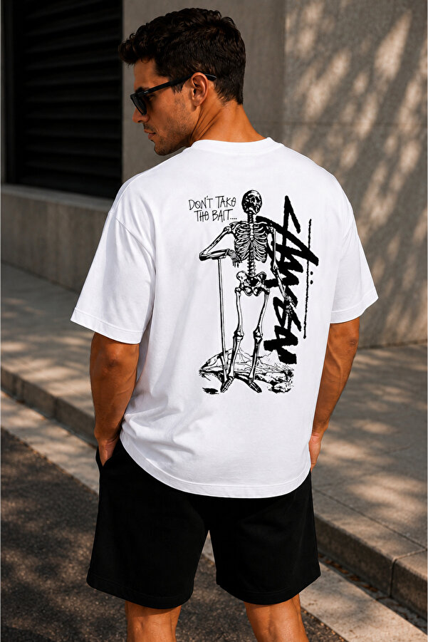 Unisex Stüssy İskelet Baskılı Oversize %100 Pamuk Geniş Kesim Dokulu Bisiklet Yaka T-Shirt RF0514
