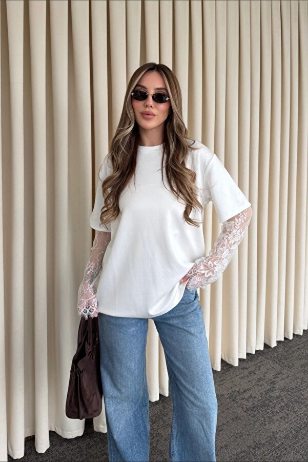 Kadın Bisiklet Yaka Mardiya Dantel Kollu Bluz Oversize Pamuklu Rahat Kesim T-Shirt