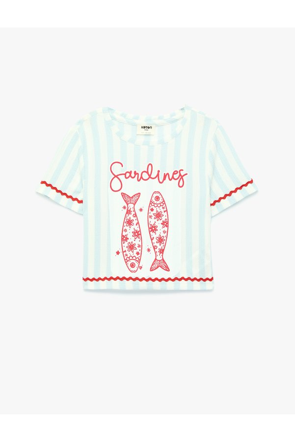 Koton Fish Print Short Sleeve Crew Neck Crop T-Shirt