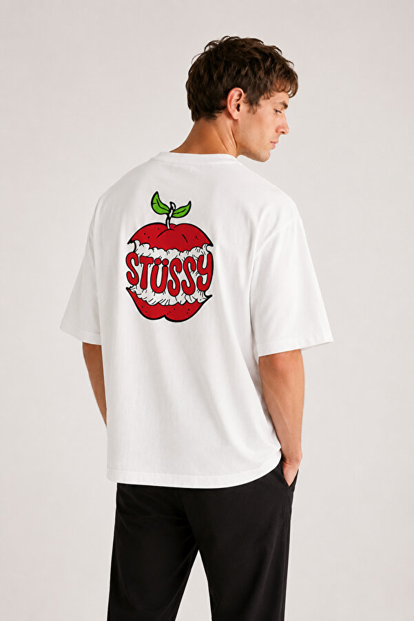 Unisex Stüssy Elma Baskılı Oversize %100 Pamuk Geniş Kesim Dokulu Bisiklet Yaka Tişört RF0664