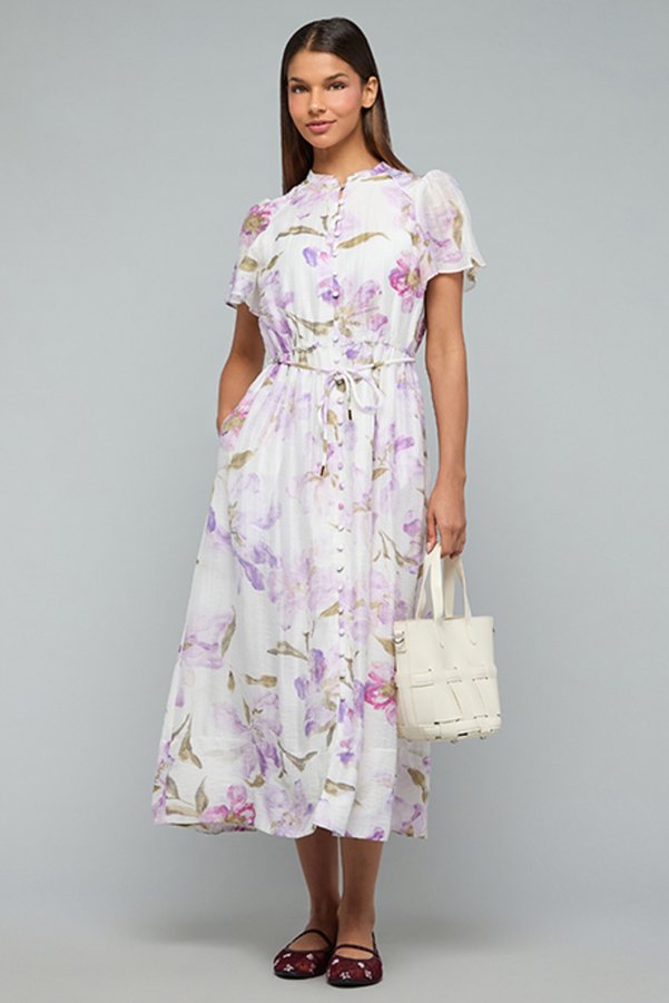 R&B Floral Printed Flared Dress with Stand Collar and Flared Sleeves