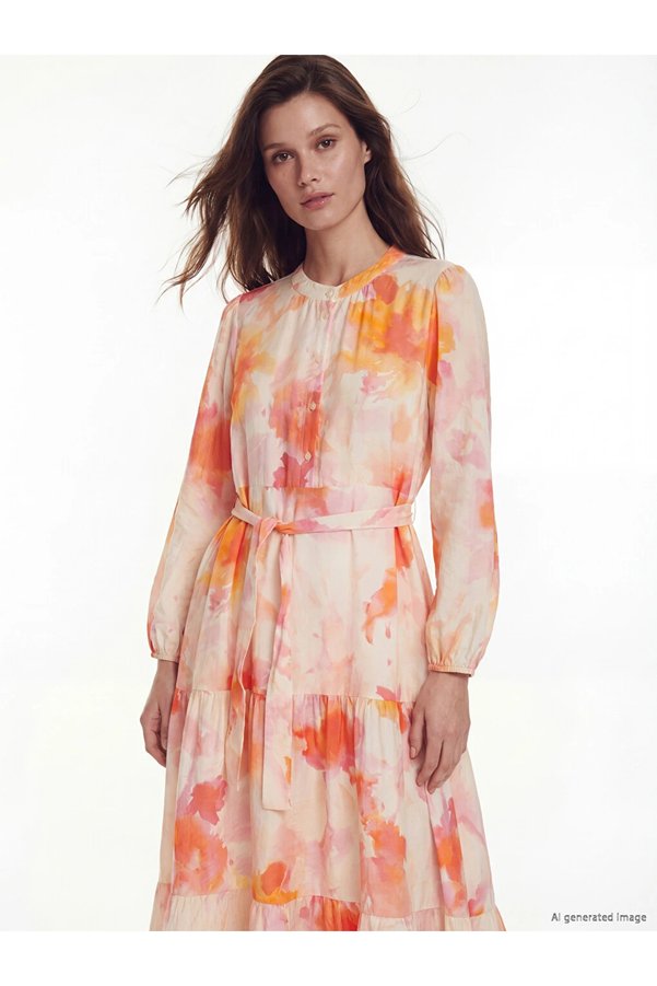 LC Waikiki Orange Hakim Collar Patterned Belted Layered Dress