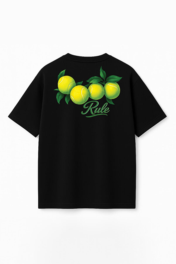 Unisex Tennis Baskılı Oversize %100 Pamuk Geniş Kesim Dokulu Bisiklet Yaka Siyah T-Shirt RF0682