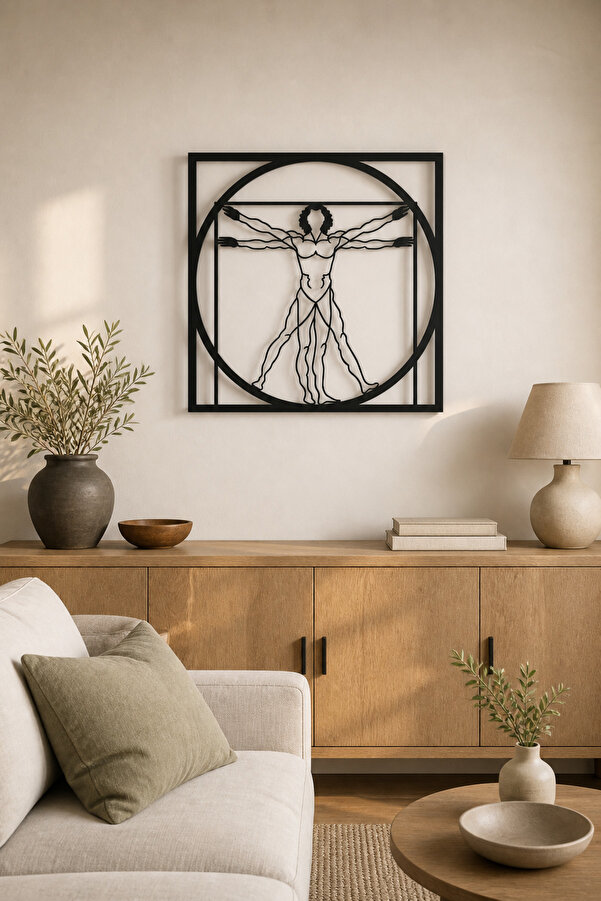 Metal Tablo Duvar Dekoru - Vitruvius Geometrik İnsan Figürü