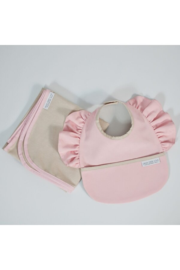 Dear Deer Love Sıvı Geçirmez Mama Önlüğü & Mama Sandalyesi Örtüsü - Blw Seti / Fırfırlı Önlük Pink