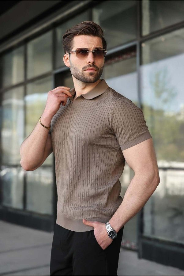 Madmext Light Brown Slim Fit Polo Collar Knitwear Men's T-Shirt E7472