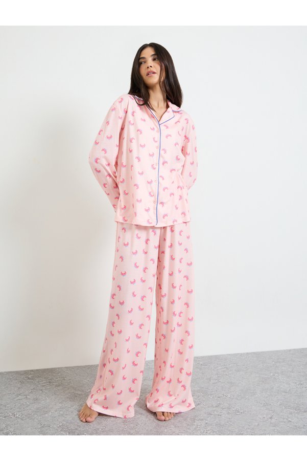 Styli Pink Croissant Bow Piped Long Sleeve Shirt and Pyjama Set