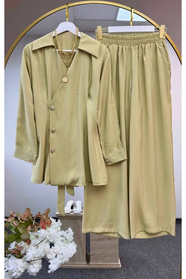 mylunessa Side Button Detail, Belted, Pensile Jacket, Pants, Tessture Tencel Fabric Suit