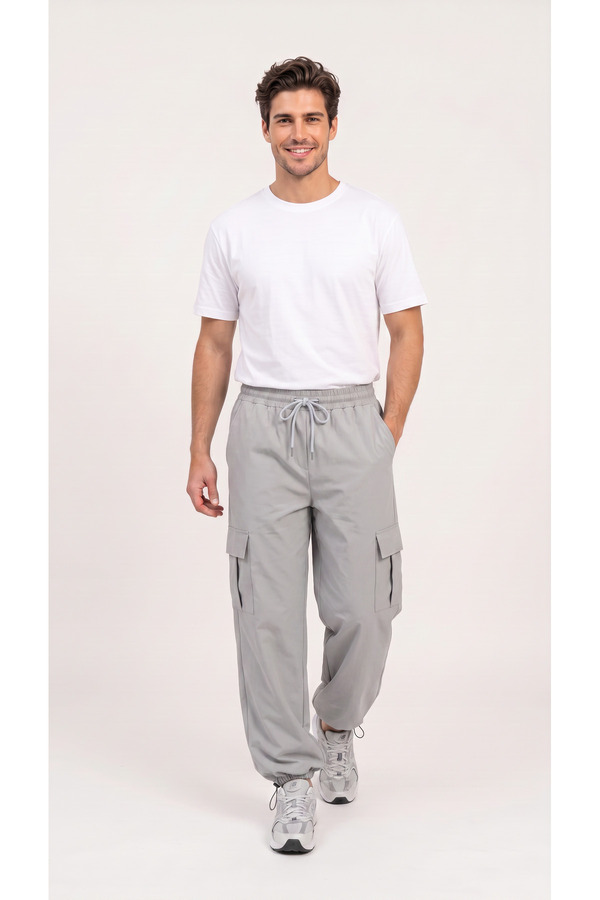 BADESSA Men's Gray Cargo Pocket Thin Parachute Fabric Pants, Comfortable Fit Baggy with Adjustable Leg Clips