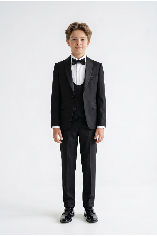 Doctor junior Boy's Black Color Tuxedo Suit with Vest Black Satin Collar Detail
