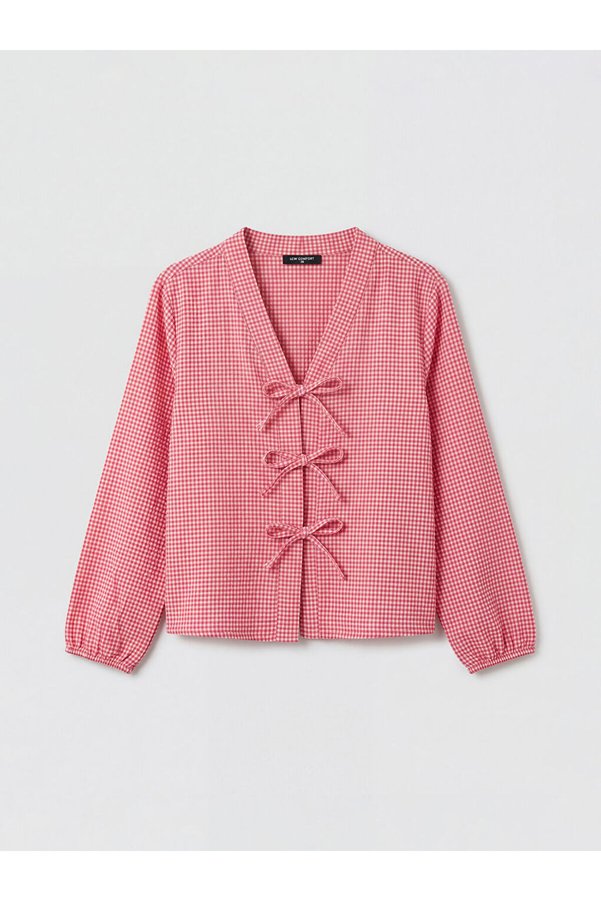 LC Waikiki Pink V-Neck Plaid Tie-Up Blouse