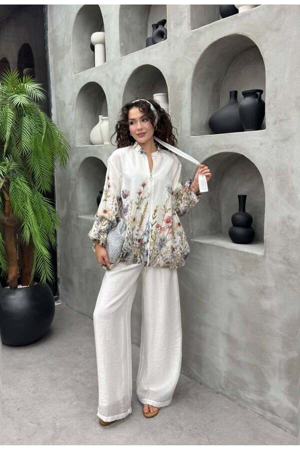 Cardella Lavinia Vual Fabric Floral Patterned Two-Piece Suit with Trousers - Hijab Compatible