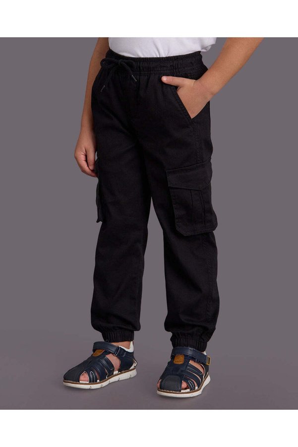 REDTAG Boys Black Pull On Cargo Twill Jogger Pants