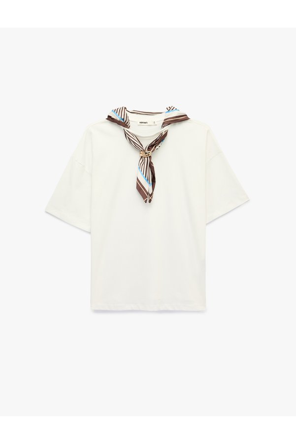 Koton Cotton Crew Neck Short Sleeve T-Shirt with Scarf Detail