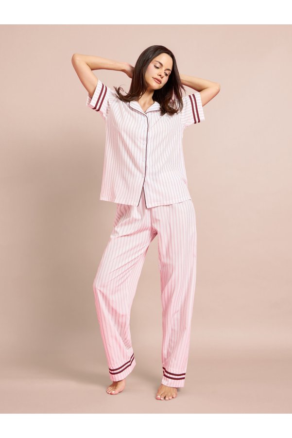 Styli Pink Striped Piped Shirt and Pyjama Set