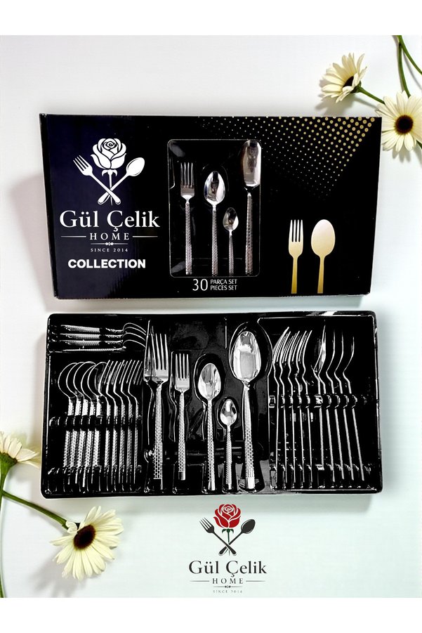 Gül Mutfak 30-Piece Cutlery Set for 6 People, Stone Design, Boxed Product
