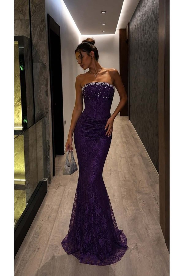 Modafeminen Purple Lace and Pearl Evening Dress 583401