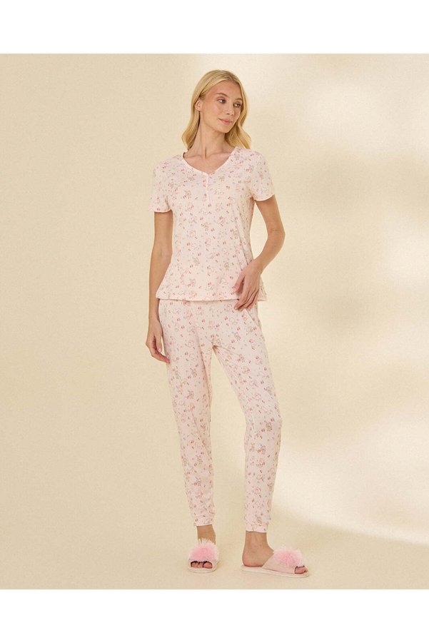 REDTAG Women's Lace Trim V-Neck Printed Pajama Set
