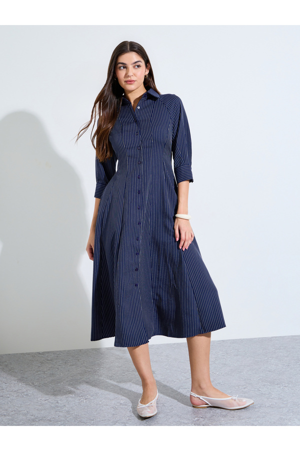 Styli Navy Blue Striped Shirt Midi Dress