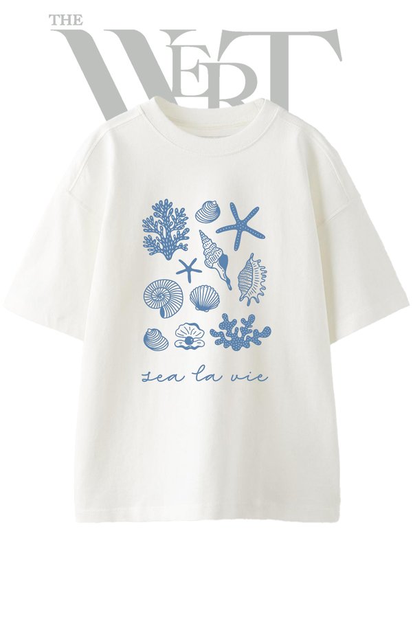 THEWERT Sea Shells Coral Design Printed Unisex White Oversize T-Shirt