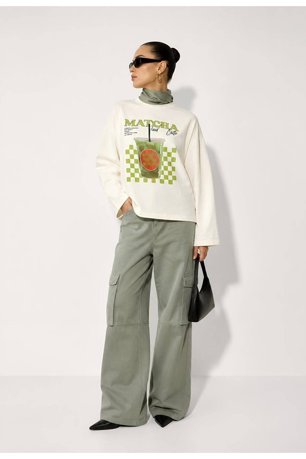 Hira Online White Matcha Printed Long Sleeve Cotton T-Shirt\Blouse Suitable for Hijab Wear
