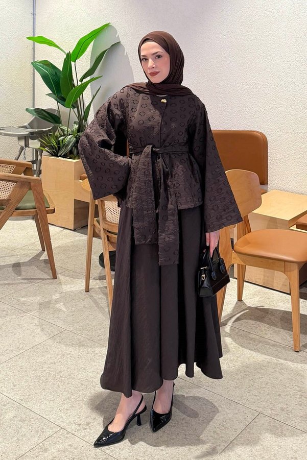 Lamelif Belt Detailed Blouse-Skirt Set Brown