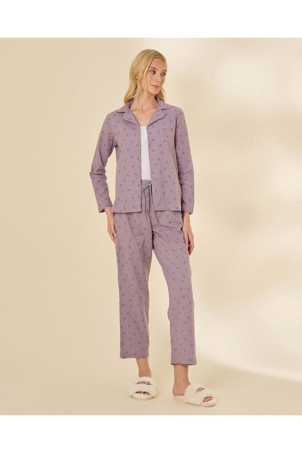 REDTAG Women Purple Text Print Pyjama Set