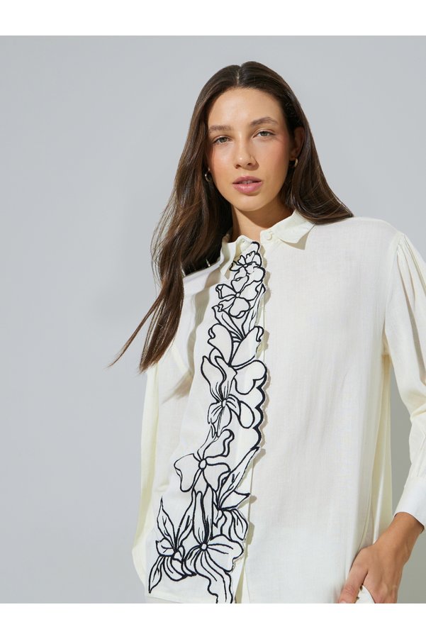 Styli Off White Embroidered Placket Oversized Rayon Shirt