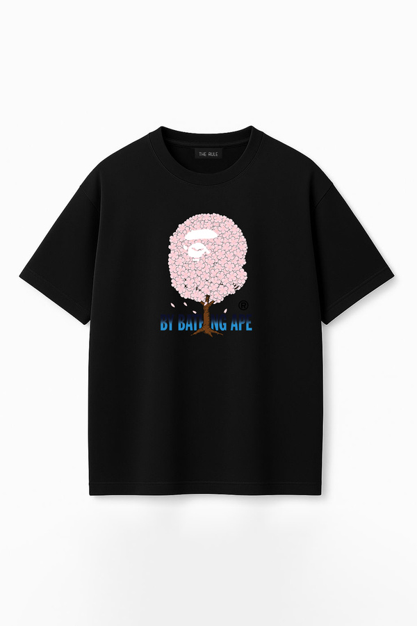 Unisex Bathing Ape Sakura Baskılı Oversize %100 Pamuk Geniş Kesim Dokulu Bisiklet Yaka T-Shirt