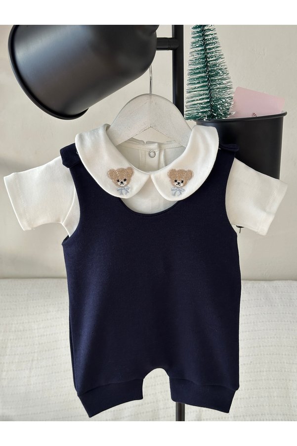 Mama Miel Baby Men's Bear Embroidered Collar Detailed Bodysuit and Navy Blue Combed Cotton Baby Salopet Set 100% Cotton