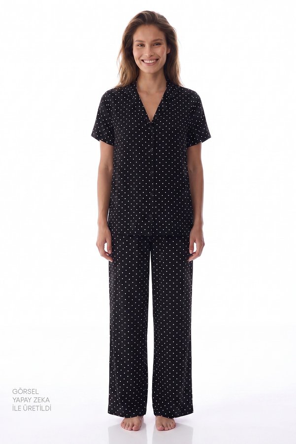 Penti Black White Polka Dot Patterned Short Sleeve Shirt Pants Pajama Set