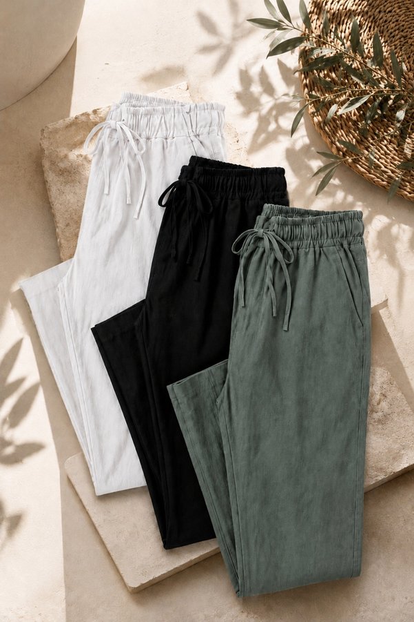 COMBİNE MİCHAİL Men's 3-Piece Loose Linen Trousers with Elastic Waist