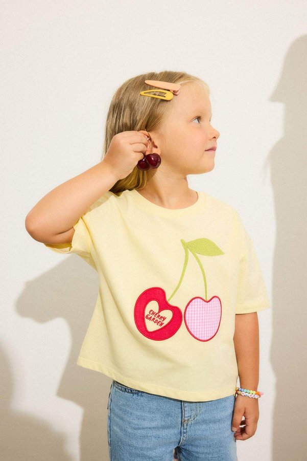 Defacto 100% Cotton Fruit Printed Combed Cotton Short Sleeve Light Yellow T-Shirt Baby Girl H9397A526Hs