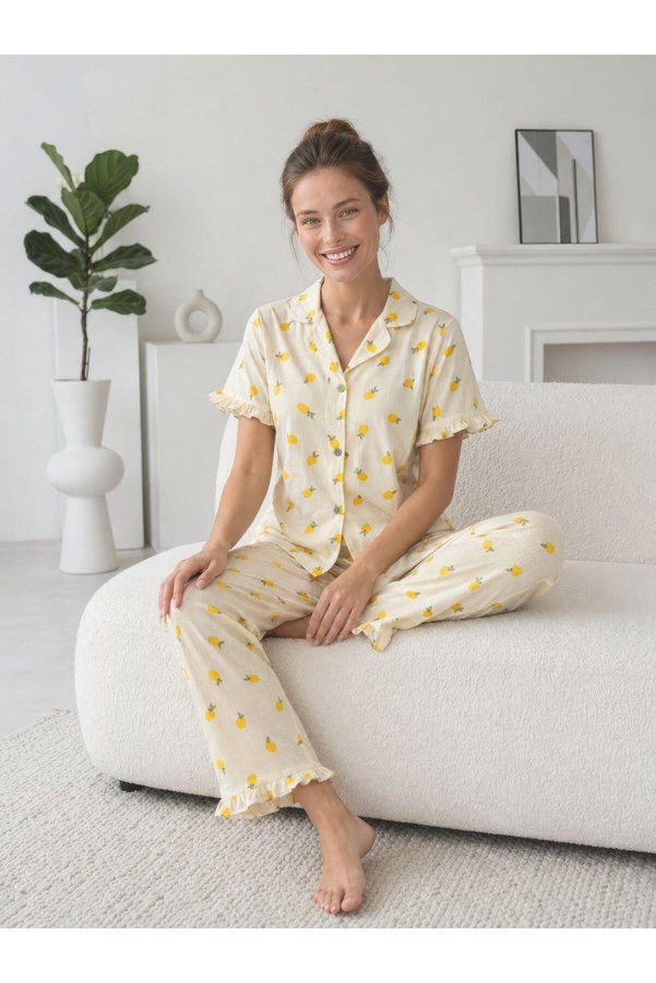 STELLAPİNK Lemon Patterned, Buttoned, Soft Summer Terry Knitted Pajama Set