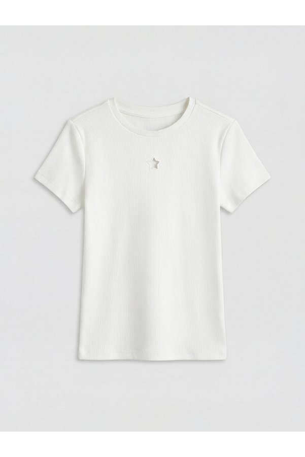 LC Waikiki Trendlucky Girls' T-Shirt with Oval Collar and Star Detail